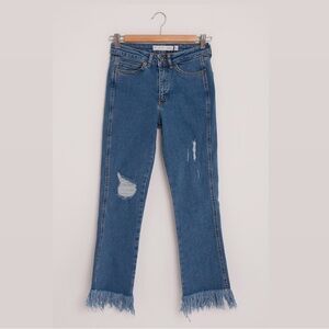 Subdued Distressed Hem Soft Flare Blue Jeans size 28